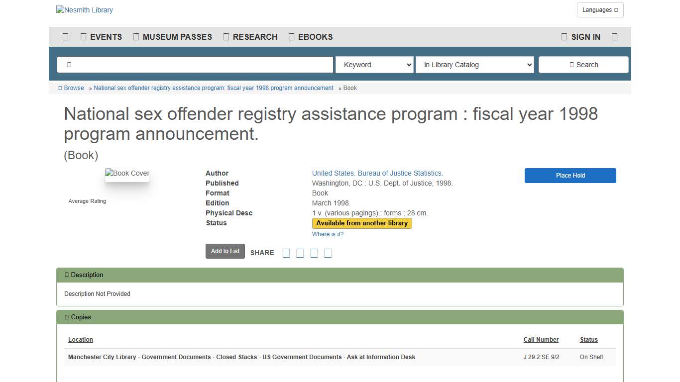 National sex offender registry assistance program : fiscal... Nesmith Library